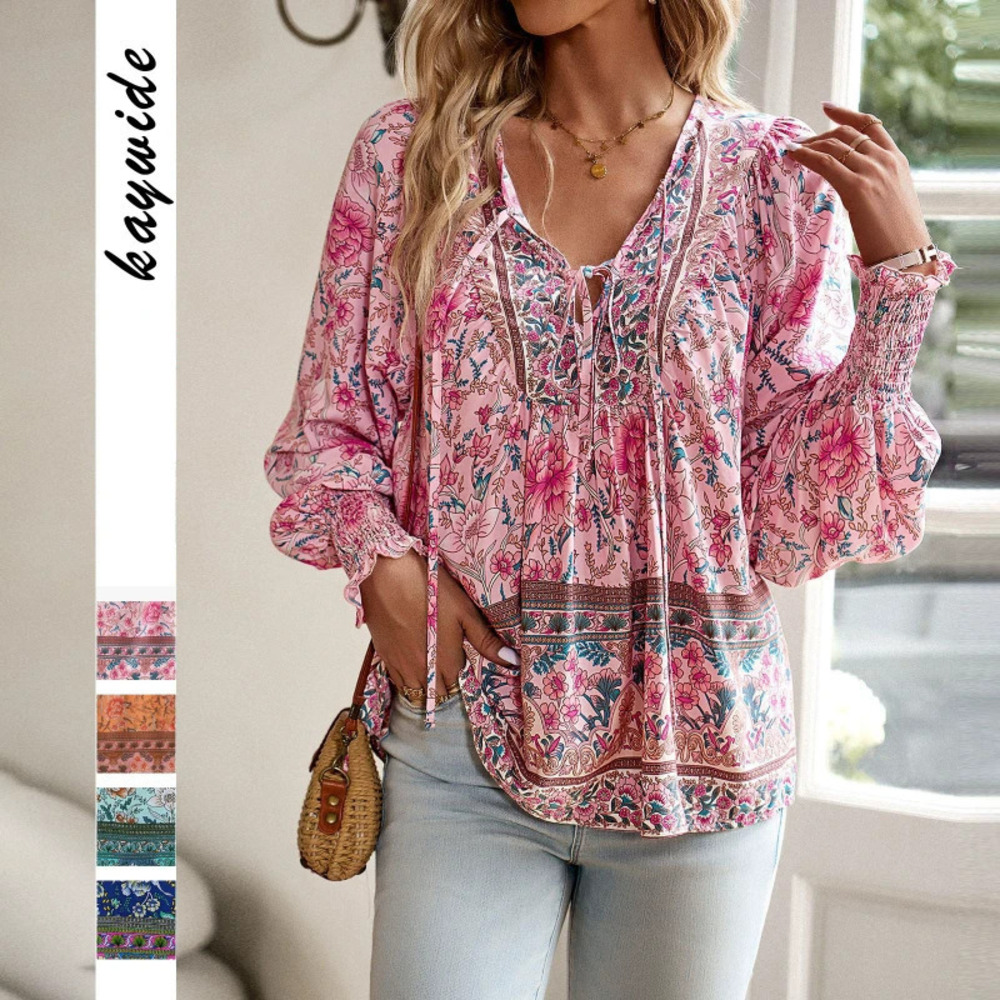 Elegant Floral Puff Sleeve Tie Blouse for Fall
